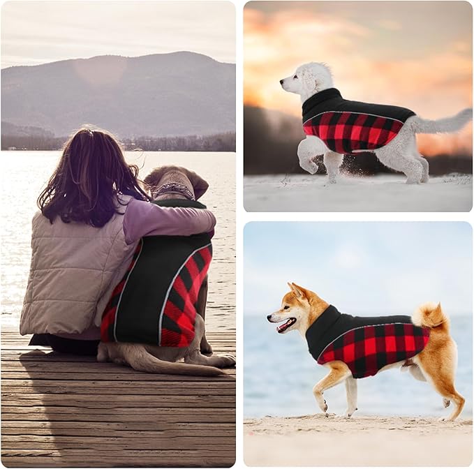 Kuoser Dog Winter Coat, Reversible Waterproof Dog Jacket with Reflective Strip, Warm Dogs Fleece Vest Adjustable Doggy Cold Weather Clothes Plaid Christmas Outfit Pet Apparel for Medium Dogs, Red M