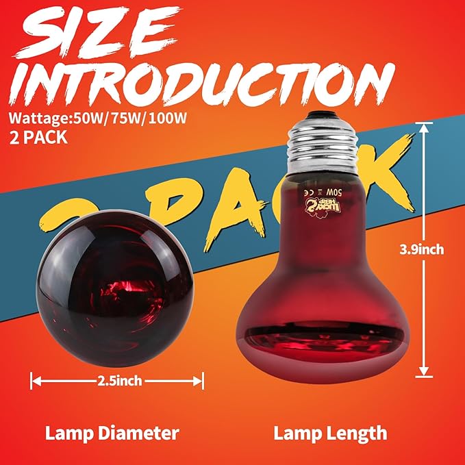 LUCKY HERP Infrared Heat Lamp 50W 2 Pack,Reptile & Amphibian Basking Spot Light Bulbs, Red Heat Lamp Bulbs for Reptiles, Bearded Dragon, Turtle, Lizard, Snake, Chicken