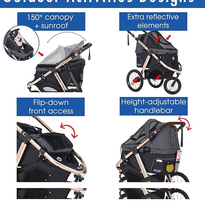 Run Performance Jogging Sports Stroller with Comfort Rubber Wheels/Zipper-Less Entry/1-Hand Quick Fold/Aluminum Frame for Small/Medium Dogs, Cats and Pets (Black)