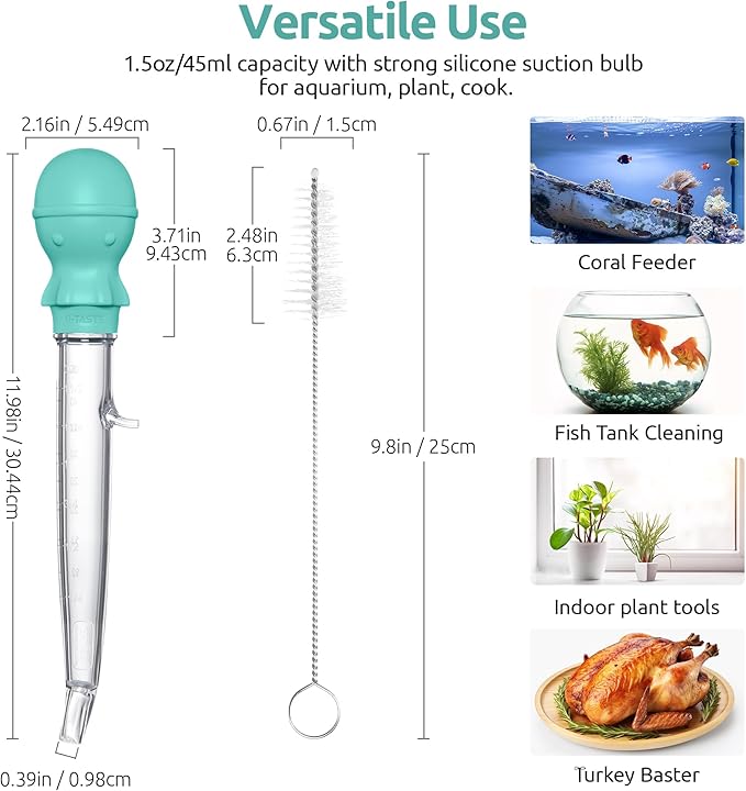 U-Taste Aquarium Pipette Cleaner: 1.5oz Coral Feeder for Fish Tank Cleaning, Manual Feeding Tube, Food Grade Siphon Dropper, Waste Remover with Strong Suction & Stand & Brush (11.98in, Aqua Sky)
