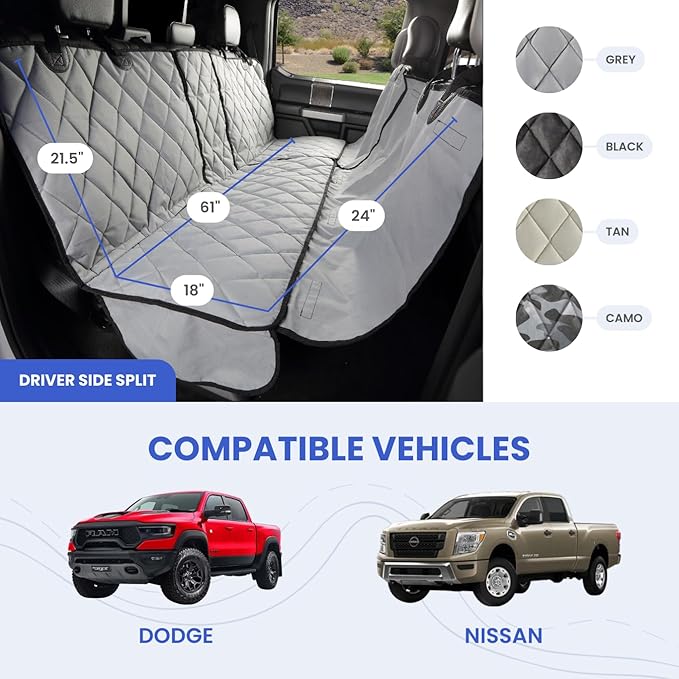 4Knines Bench Seat Covers for Trucks with Dog Hammock - Rear Seat Protector for Dogs Fits Full Size Crew Cab with Split Bench Seats - Waterproof, Heavy-Duty Dog Seat Cover (Driver Side, Black)