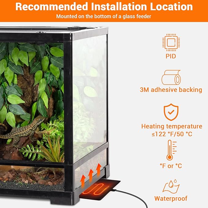 Reptile Heating Pad with PID Thermostat 8"X12" 24W, Reptile Heat Mat for 30-40gal Tank, Heat Pad with High Temperature Protection °F/°C, for Turtle/Snake/Lizard/Frog/Spider/Plant