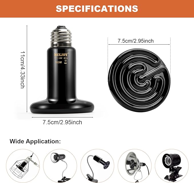MIXJOY 100W Reptile Heat Lamp 2Pack Ceramic Heat Emitters Reptile Heat Lamp Bulbs, No Light Emitting Ceramic Heat Bulbs for Amphibian Terrarium Reptile Gecko Lizard Bearded Dragon Turtle Chicken Snake