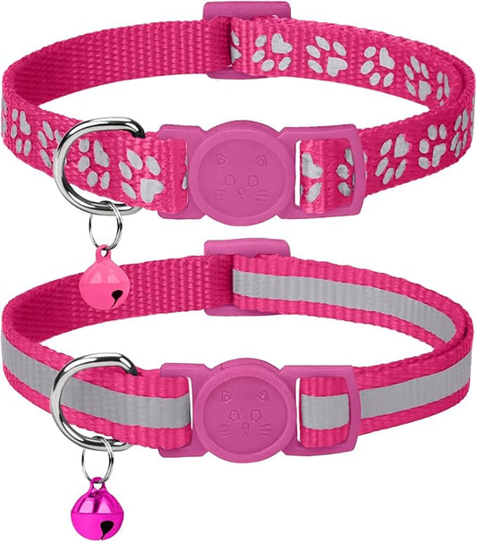 Taglory Reflective Cat Collar Breakaway with Bells, 2 Pack Girl Boy Pet Cat Collar Adjustable 7.5-12.5 Inch, Hotpink