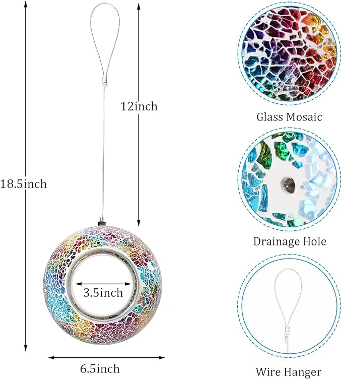 Yinns Mosaic Bird Feeder- Fly Through Glass Bird Feeders for Outside Hanging with Round Shape Glass Container Wild Birdfeeder for Garden Decor, 6.5 Inch Multicolor