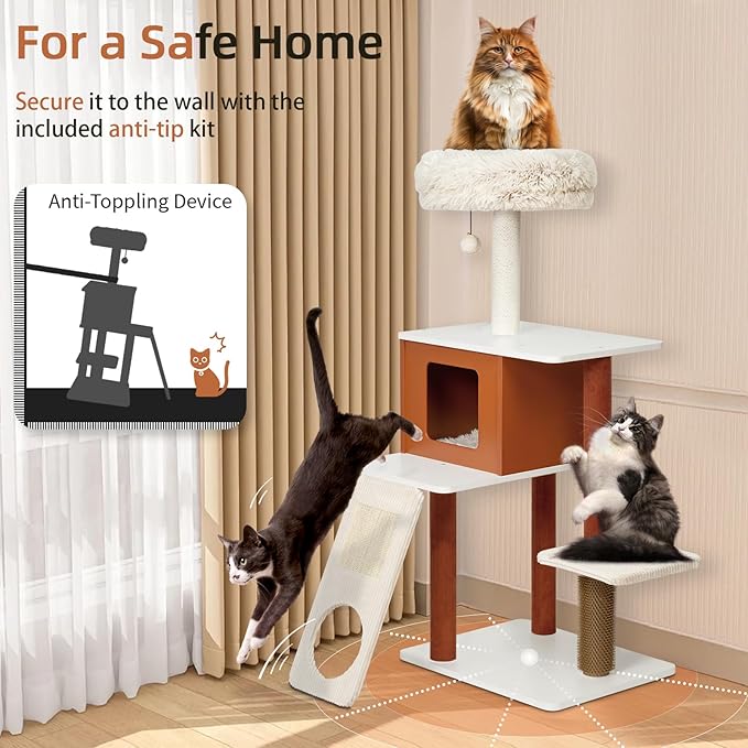 50in Modern Cat Tree with Sturdy Wood Frame - Multi-Level Indoor Activity Center with Sisal Scratching Posts, Plush Top Perch, Enclosed Condo & Hanging Toy