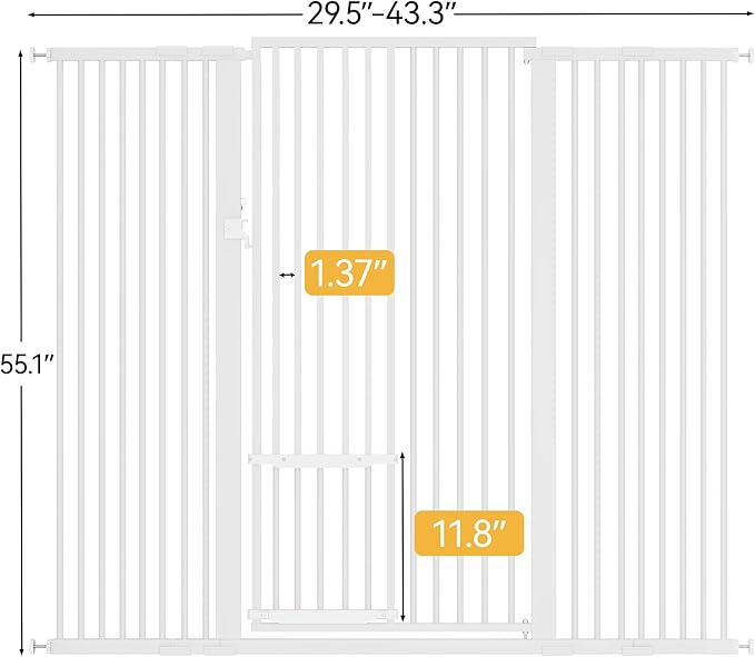 YITAHOME Extra Tall 55" High Metal Dog Gate with Cat Door, 29.5"- 43.3" Wide Auto Close Pet Gate Indoor for Stairs, Doorways, House, No Drilling Pressure Mount, Sturdy, White