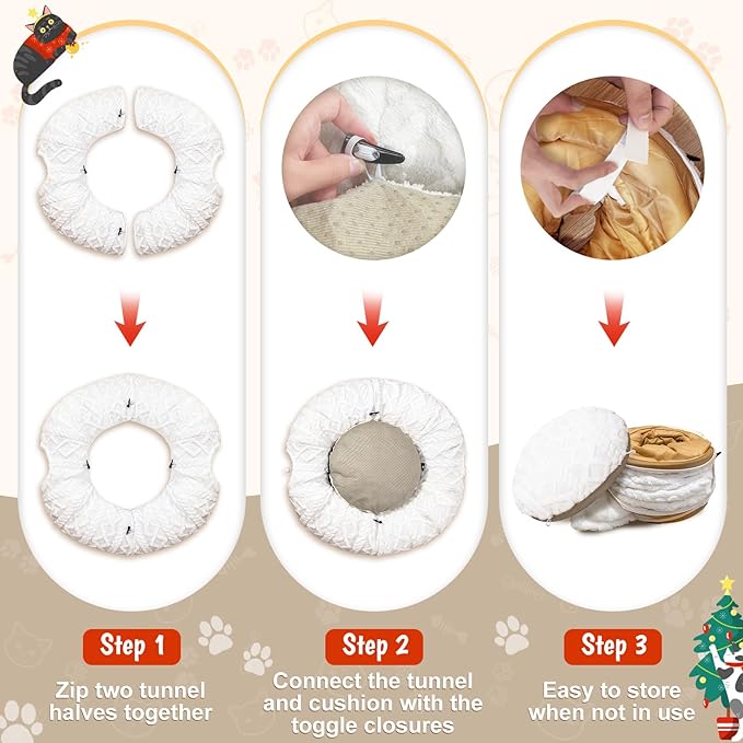 OurWarm Christmas Cat Tunnel Tree Skirt, Soft Plush Cat Donut Tunnel Bed with Washable Mat & 11 Pcs Interactive Toys, Peekaboo Cat Cave Under Christmas Tree for Indoor Cats Small Animals