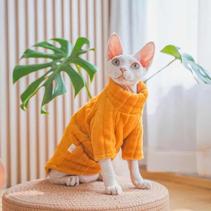 Turtleneck Sweater for Sphynx Cat Soft Coral Fleece Cat Clothes Thick Winter Warm Outfit Coat for Hairless Cats and Small Dogs Apparel with Sleeves (Orange, M (5-7 lbs))
