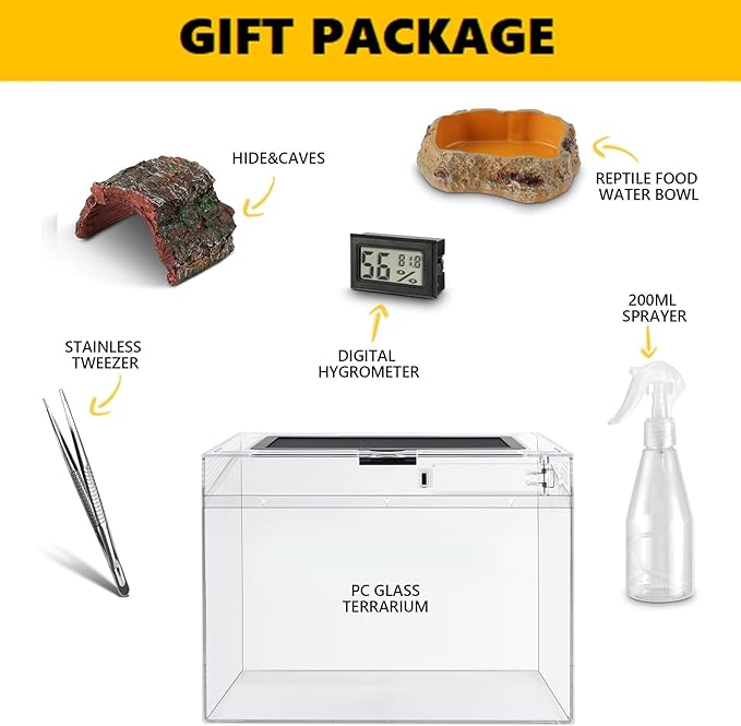 Reptile Terrarium Kit 12" x 7"x 9" Spider Tank Starter Tank, Leopard Gecko Tank, Tarantula Cage Hermit Crab Habitat, Lizard Enclosure, Insect Tank Kit, Jumping Spider Enclosure, Small Isopod Terrarium