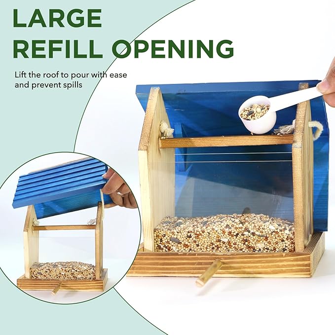Cedar Wooden Bird Feeders for Outdoors Hanging– Large, Weatherproof Wild Bird House Feeder–Pre-Assembled, Hopper Design, Anti-Squirrel, Easy Fill for Cardinals, Bluebirds, Oriole & Finches