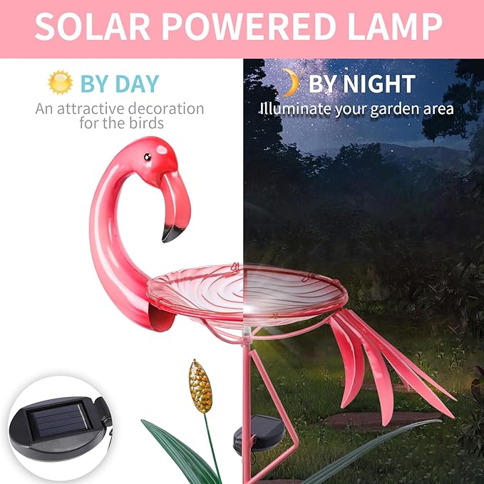 VCUTEKA Glass Bird Bath Outdoor Solar BirdBath Bird Feeder with Metal Stake Garden Decor, Flamingo