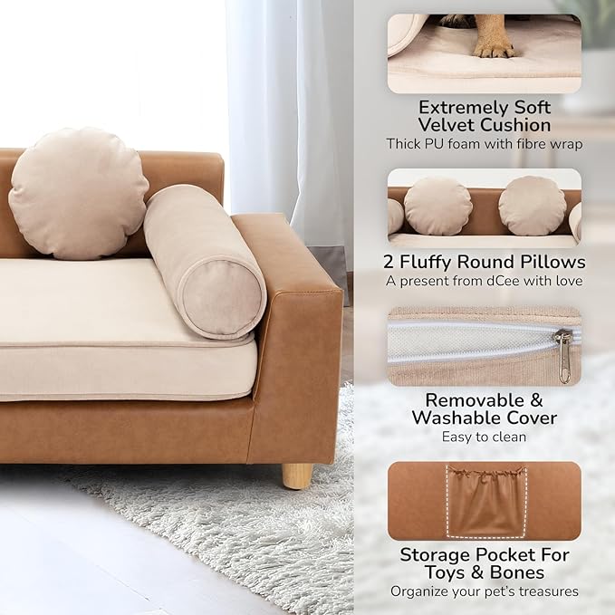 dCee Luxury Large Dog Sofa Bed, Holds 160 Lbs, 42 in. Luxury Leather Dog Couches with Removable Washable Velvet Cushion for Comfort Sleep, Joint Support for Different Pet Sizes