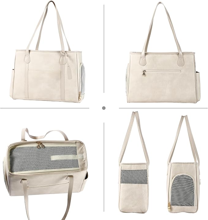 Stylish Dog Purse Carrier, Leather Pet Carrier Bag for Small Dogs Cats Puppy, Airline Approved Soft-Sided Carrier Beige