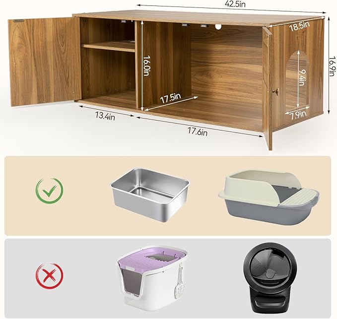 Wooden Cat Litter Box Enclosure with Storage Compartment with Adjustable Divider, Hidden Litter Box Furniture and Hall Table, Cat Box Enclosure, 42.5''L*18.5W*16.9H (Oak, Plain)