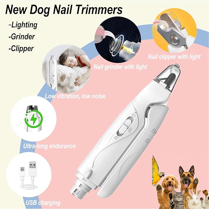 2-in-1 Dog Nail Grinder & Clipper - Ultra-Quiet USB Rechargeable Pet Nail Trimmer with LED Light, Multiple Sanding Ports, and Splash Guard for Small, Medium, & Large Dogs and Cats (White)