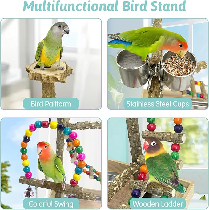 PINVNBY Bird Playground Natural Wood Parrot Perch Stand Bird Play Gym Colorful Climb Ladder Swing with Metal Tray and 2 Stainless Steel Cups Bird Cage Accessories for Conure Cockatiel Parakeet Lovebir