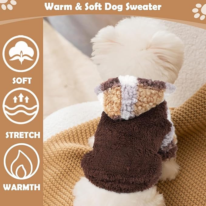 Dog Hoodie Dog Sweaters for Small Dogs Male Plaid Winter Warm Extra Small Puppy Sweater for Chihuahua Teacup Yorkie Soft Fleece Clothes Boy Tiny Outfits Pet Clothing,Brown, XS