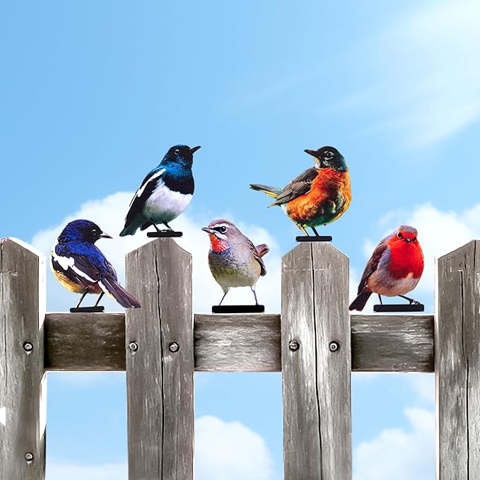 HUYIENO 5PCS Vivid Metal Birds Fence Decor Color Painted Outdoor Garden Natural Bird 2D Sculptures for Outdoor Fences, Patio, Garden and Bird Lovers