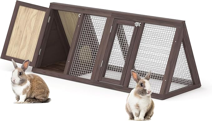 Rabbit Hutch, Small Chicken Coop Outdoor A-Frame Quail Cage with 2 Door & Run Cage Wooden Triangle Quail Hutch with Ventilating Wire Poultry Hutch for Small Animal (Brown)