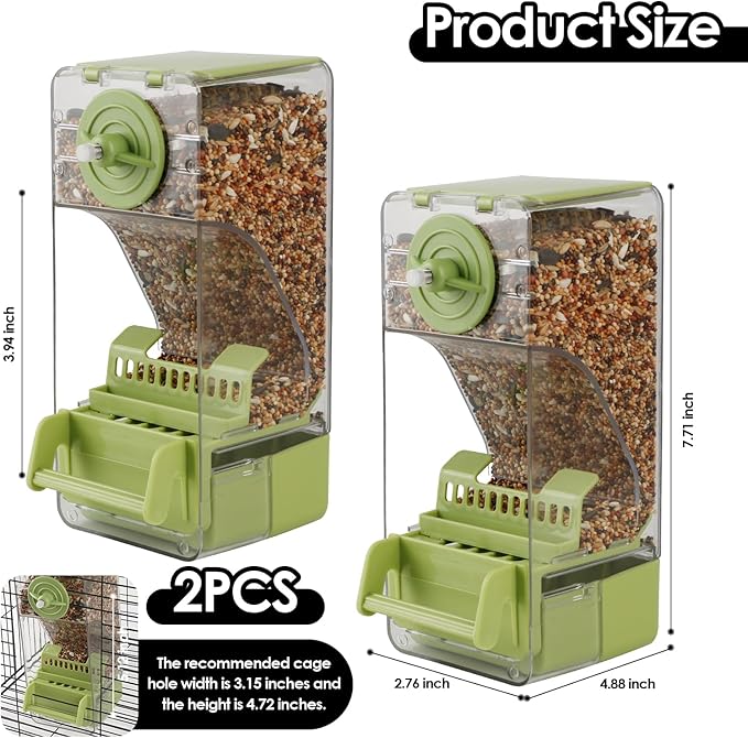 Bird Feeder No Mess 2PCS Automatic Clear Bird Seed Food Container Acrylic Parrot Feeder Dispenser Cage Accessories for Parakeet Budgies Cockatoo Canary Love Bird (Green)
