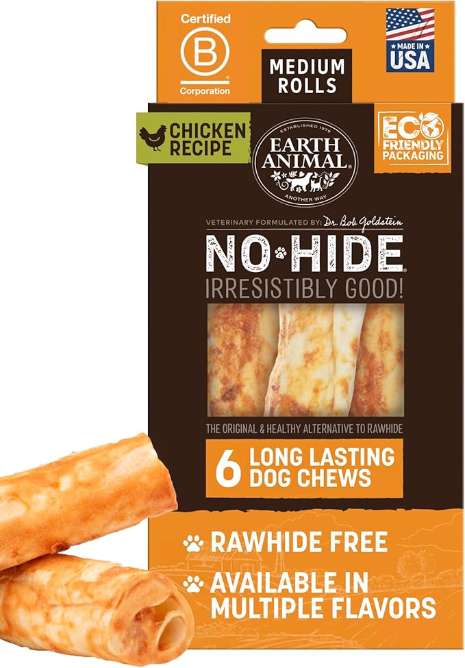 Earth Animal No Hide Medium Chicken Flavored Natural Rawhide Free Dog Chews Long Lasting Chew Sticks | Treats for Large Dogs | Great for Aggressive Chewers - 6 Count