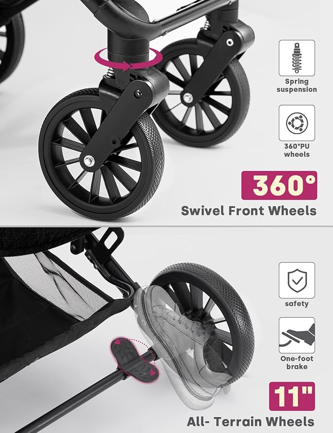 Dog Stroller for Small/Medium Dogs Up to 60lbs, 4 Wheels Folding Pet Stroller with Detachable Carrier, Pet Travel Carrier for Puppy & Cats, Storage Basket, Breathable Mesh, Black