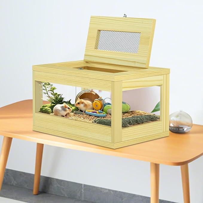 Mini Hamster Cage, Solid Wood Gerbil Cage, Chewproof Hamster Cages and Habitats, Sliding Doors, Top Ventilation Window, Guinea Pig Cages for Small Animals, Dwarf, Syrian, Mice, 20" x 12" x 10"