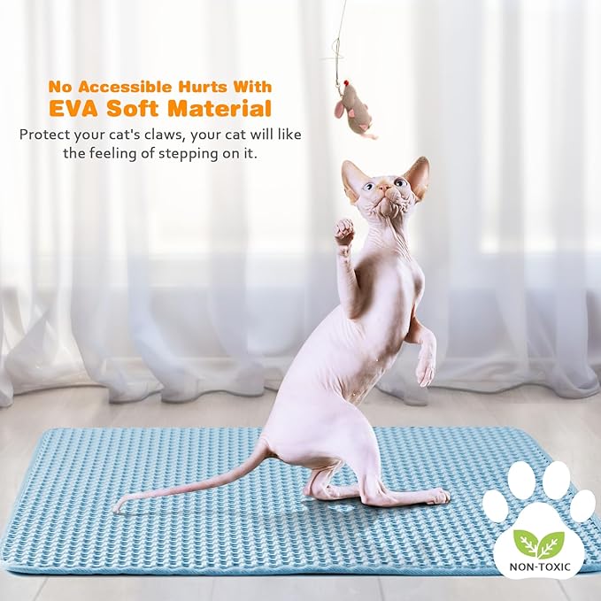 Waterproof Cat Litter Mat, Double Layer EVA, Odor-Free Large Grid, Urine Proof, Easy Cleanup (Blue, 12 x 12)