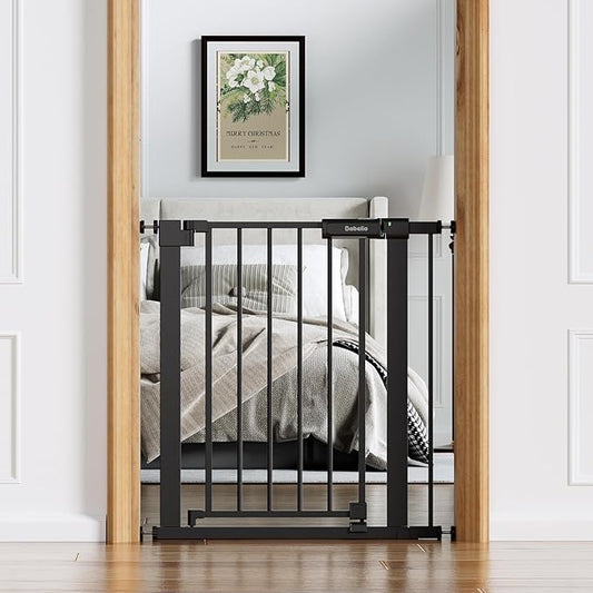 BABELIO Baby Gate for Doorways and Stairs, 26-31" Pet Gate with Wide Walk Thru Door and Lock Indicator, No Drill Pressure Mounted Safety Gate with Double Lock and Self-Closing, Black