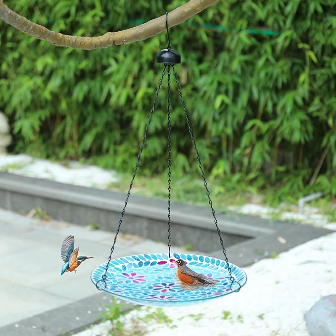 MUMTOP Mosaic Hanging Bird Bath-Bird Baths for Outdoors - 12 Inch Glass Bird Water Bowl Bird Feeders for Outside, Garden, Lawn Yard Decor(Blue)