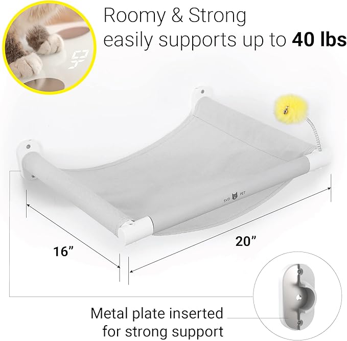 SVD.PET Cat Hammock Wall Mounted with Toy, Soft Padded & Comfortable Cover, Modern Design Premium Cat Furniture Shelf, Supports up to 40 lbs (Comfy Plus, White)