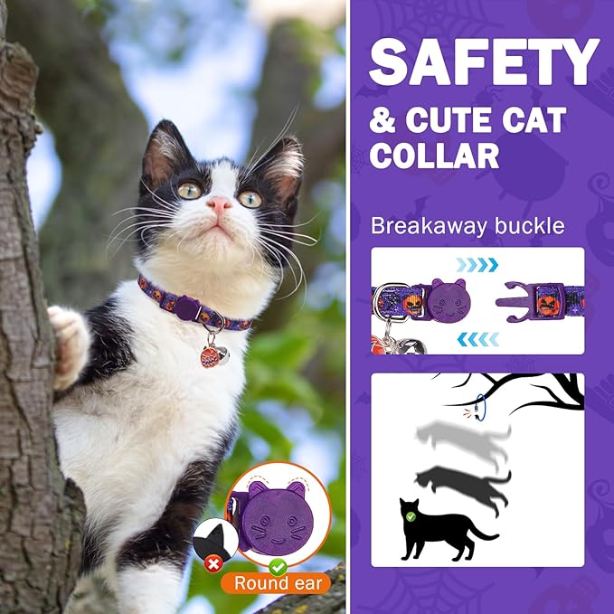 SCENEREAL Cat Collar Breakaway Halloween Theme 3 Pack, Safety Collars, Pet Accessory for Outdoor and House Cats Kittens, Orange Purple