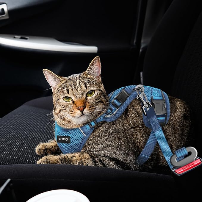 Cat Harness, Cat Car Harness and Leash for Walking, Escape Proof Soft Adjustable Vest Harnesses for Cats, Easy Control Breathable Reflective Strips Harness, Kitten Harness and Leash Set, Blue, M