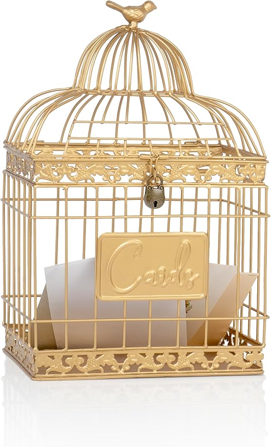 Red Co. 15.5” Tall Rectangular Decorative Lockable Metal Birdcage Wedding Card Holder, Gold