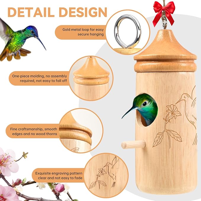 Hummingbird House, Solid Wood Hummingbird Houses for Outside-Exquisitely Handcrafted Birdhouse with Ribbon and String Hanging Kit, Durable Garden Decor, Perfect Gardening Gift(Style-G, 1 Pack)
