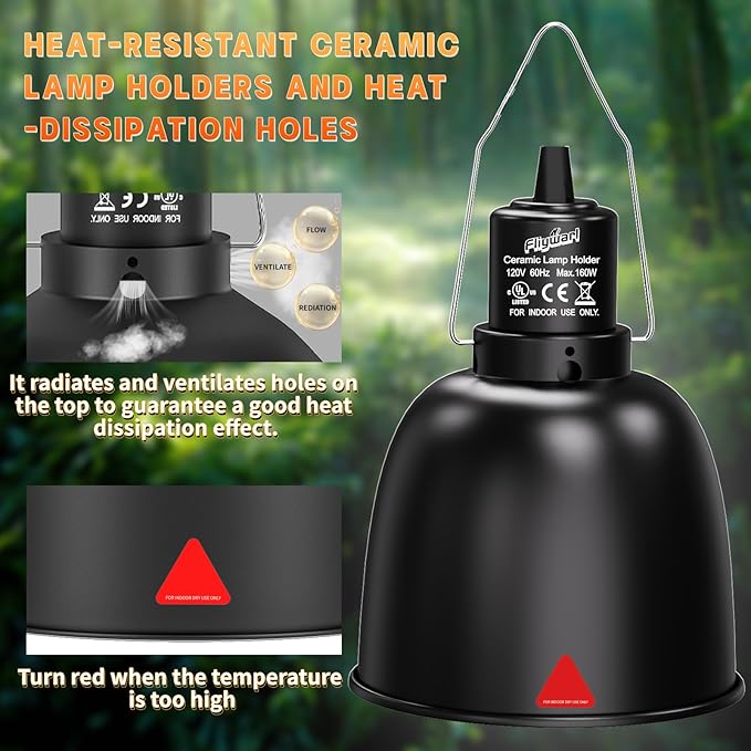Reptile Light Fixture with Thermostatic Timer, 5.5 Inch Deep Dome Reptile Heat Lamp Fixture with Thermostatic Timing Remote Control Max 160W for Reptile Glass Terrariums