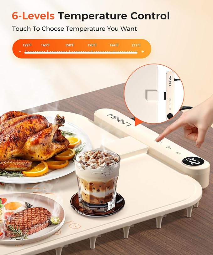 Waterproof Food Warming Mat, Color-Changing Electric Heating Tray with 6-Level Temperature Control, 1-6h Timers, Dishwasher-Friendly Food Warmer Mat for Parties, Buffets, and Kitchen Use.