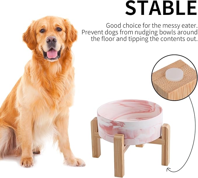 Elevated/Raised Dog Bowl Ceramic for Small Medium Sized Breed,Dog Food Water Bowl with Stand,6 in 3.6 Cups Non Slip Heavy Weighted Dog Dish Marble Pink