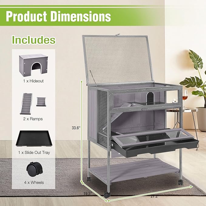 GUTINNEEN Guinea Pig Cage for Small Animals, Hamster Cage with Metal Iron Frame & Chew-Proof Aluminum Edges, 2-Story Small Animal Cage with Leak-Proof Tray, Hideout, and Storage Shelf, Black