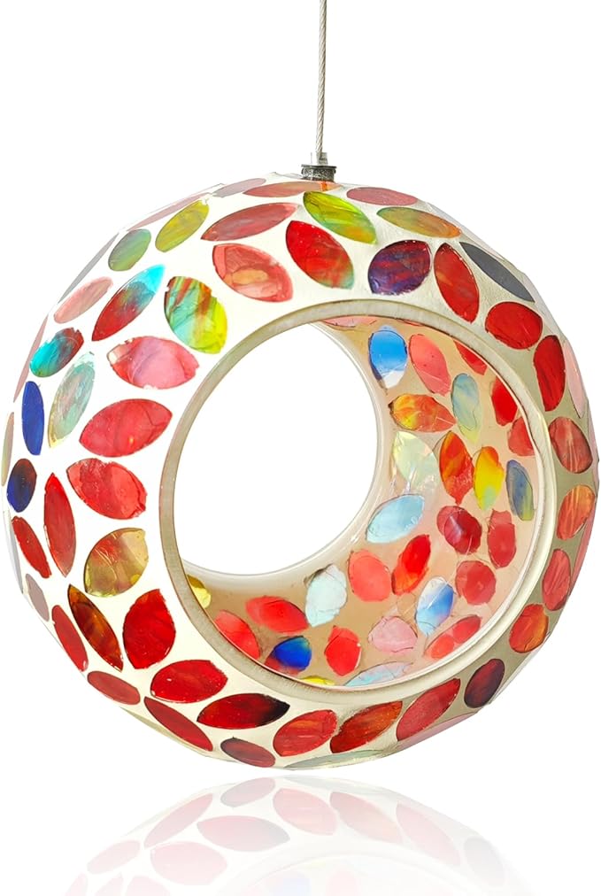 Bird Feeder Mosaic Fly Through Bird Feeder for Outside Hanging with Round Shape Glass Feeders to Attract Wild Birds for Garden, Deck, Yard, Backyard and Porch Decor, 7-Inch