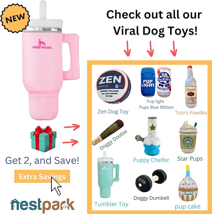 Tumbler Cup Funny Dog Toy - Parody Plush Squeaky Crinkle Dog Toy (Pink Dusk)