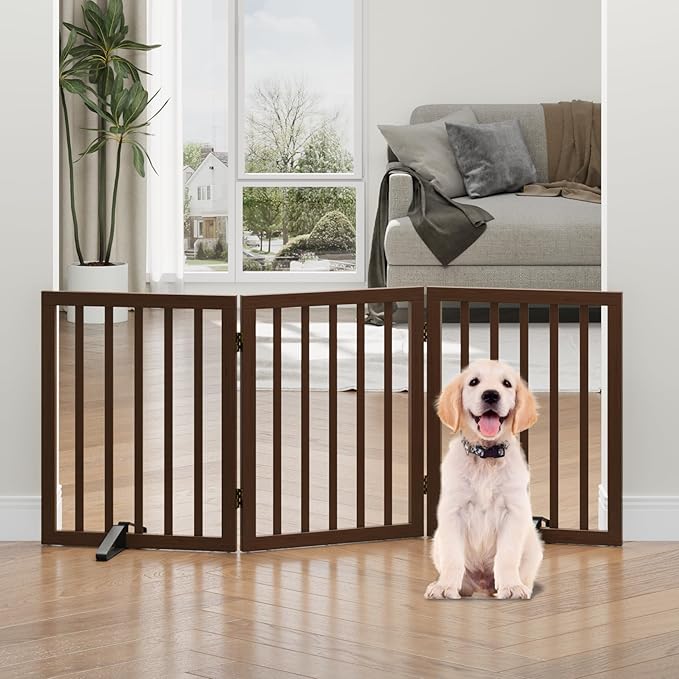Dog Gates for Doorways, Freestanding Dog Gate Indoor, Foldable Pet Gates for Doorways Bedroom, Puppy Gate with Metal Support Feet, Room Divider 3 Panels (Dark Walnut)
