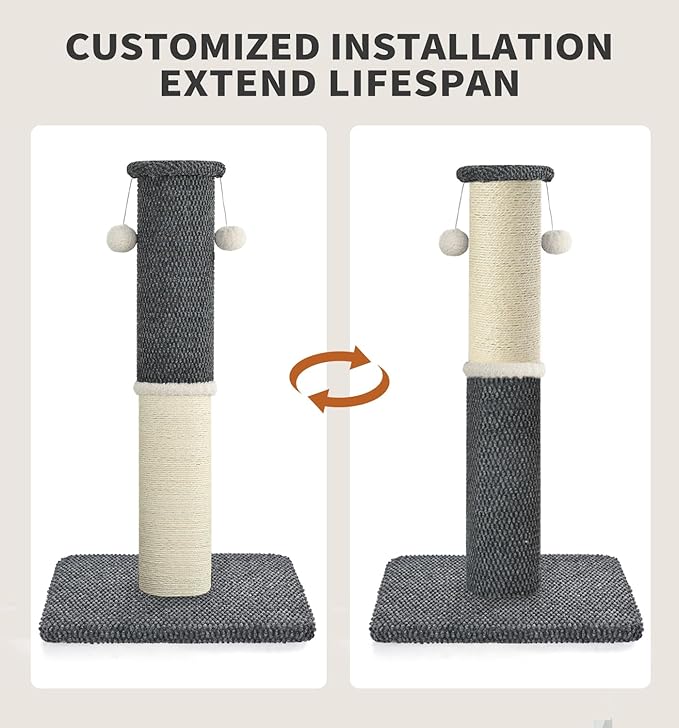 Made4Pets Tall Cat Scratching Post, Heavy Duty and Thicker Scratching Posts for Indoor Cats Adults, 33" Natural Sisal Cat Scratcher with Hanging Balls, Sturdy Base Cat Scratch Post, Dark Grey