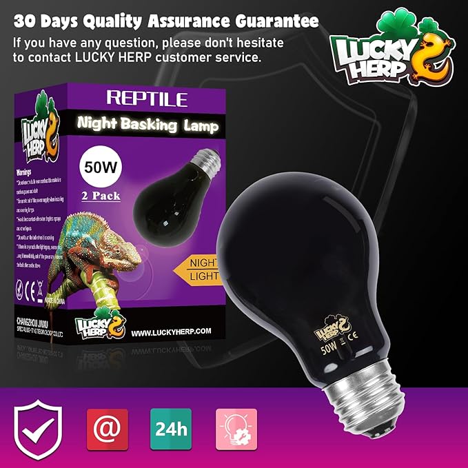 LUCKY HERP Reptile Heat Lamp 50W 2 Pack, Reptile Night Heat Bulb, Reptiles & Amphibians Basking Spot Light Bulb for Bearded Dragon, Lizard, Snake, Turtle, Chameleon