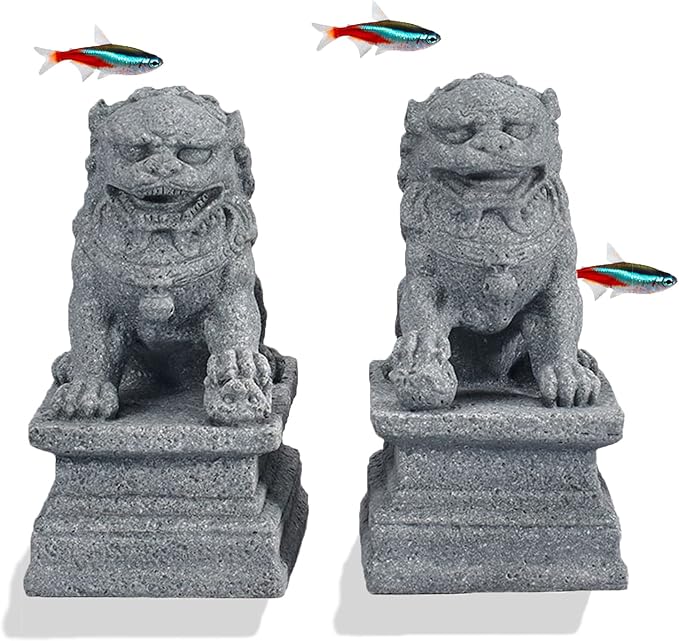 livelyfish Asian Fu Foo Dogs Statues Mini A Pair of Guardian Lion Figurine Sandstone Pets Fish Tank Aquarium Landscape Ornaments Accessories Feng Shui Decorations, A