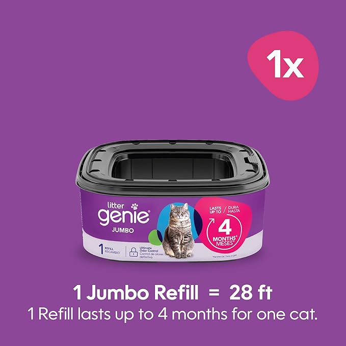 Litter Genie Refill Bags | Jumbo 1-Pack, 28 Total ft | Up to 4 Months of Supply in 1 Cartridge | Ultimate Odor Control Cat Litter Bags