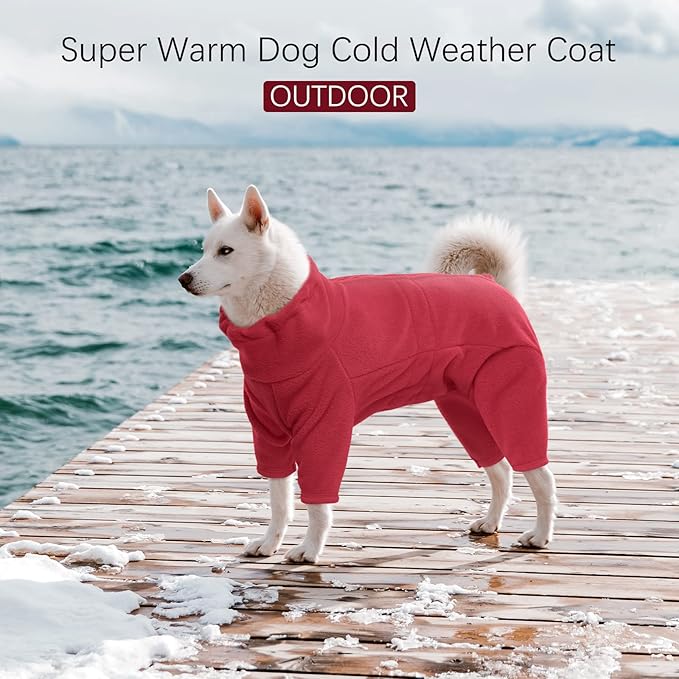 ROZKITCH Dog Winter Coat Soft Fleece Pullover Pajamas, Pet Windproof Warm Cold Weather Jacket Vest Cozy Jumpsuit Apparel Outfit Clothes for Small Medium Large Dog Walking Hiking Sleep Red L