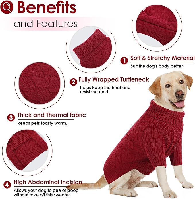 AOFITEE Dog Sweater, Warm Dog Sweaters for Large Dogs, Soft Dogs Christmas Sweater, Turtleneck Girl Pet Pullover, French Bulldog Sweaters, Female Pet Sweatshirt Knitwear for Winter Fall (Red Large)