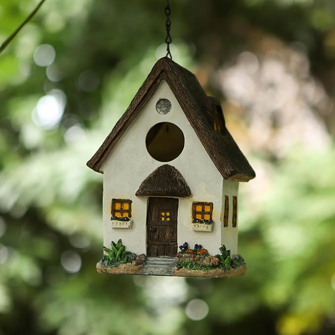 White Resin Cottage Bird House Brown Roof, 1.5" Entry Hole for Small Birds Wrens Sparrows, Rustic Cottage Style Nesting Box, Weatherproof Backyard Garden Decoration